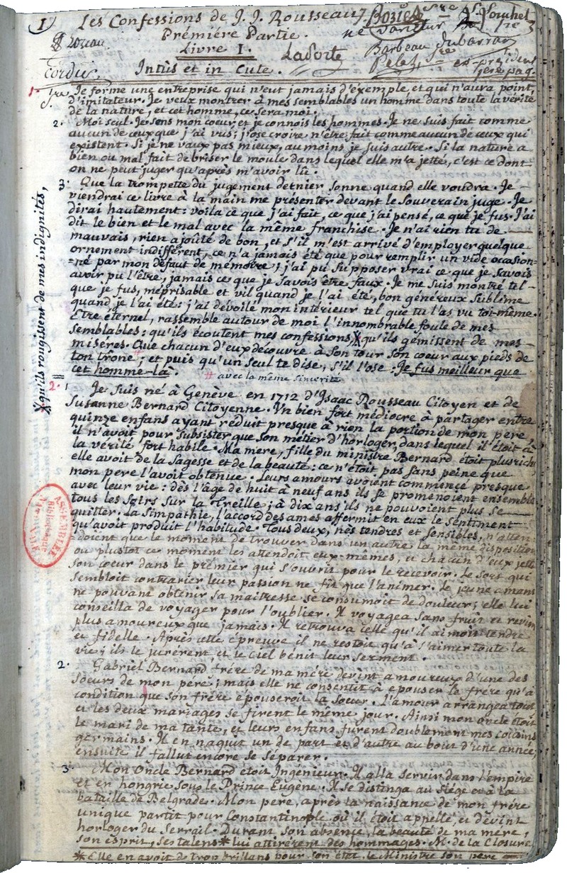 Manuscrit des Confessions de Rousseau. Source gallica.bnf.fr  Bibliothque nationale de France.